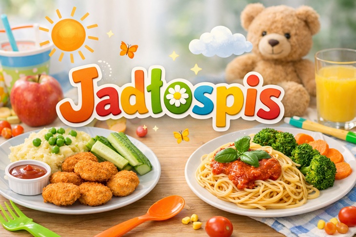 Na banerze widnieje kolorowy napis „Jadłospis” w wesołej, dziecięcej stylistyce. W tle znajdują się realistyczne zdjęcia dań obiadowych dla dzieci – m.in. nuggetsy z ziemniakami i warzywami oraz spaghetti z sosem i brokułami. Całość uzupełniają radosne elementy, takie jak słońce, motylki, chmurki oraz maskotka misia, tworząc przyjazny klimat dla przedszkola.