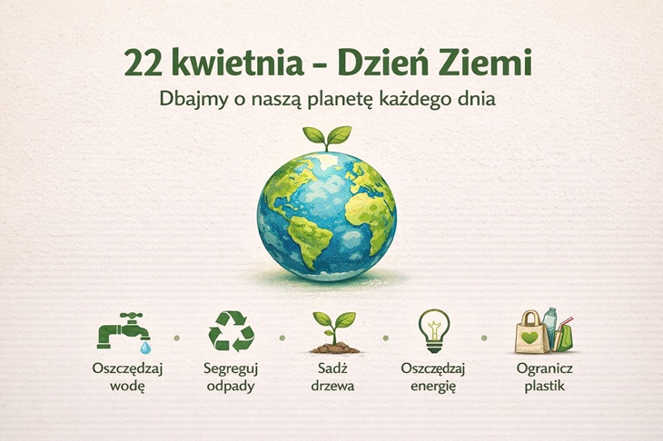 Minimalistyczny plakat na Dzień Ziemi utrzymany jest w jasnej, spokojnej kolorystyce z dominacją zieleni. Na górze znajduje się napis „22 kwietnia – Dzień Ziemi”, a w centrum prosta ilustracja planety z małą rośliną. Na dole umieszczono ikony z krótkimi hasłami: oszczędzanie wody, segregacja odpadów, sadzenie drzew, oszczędzanie energii i ograniczenie plastiku. Całość jest czytelna, estetyczna i nowoczesna.