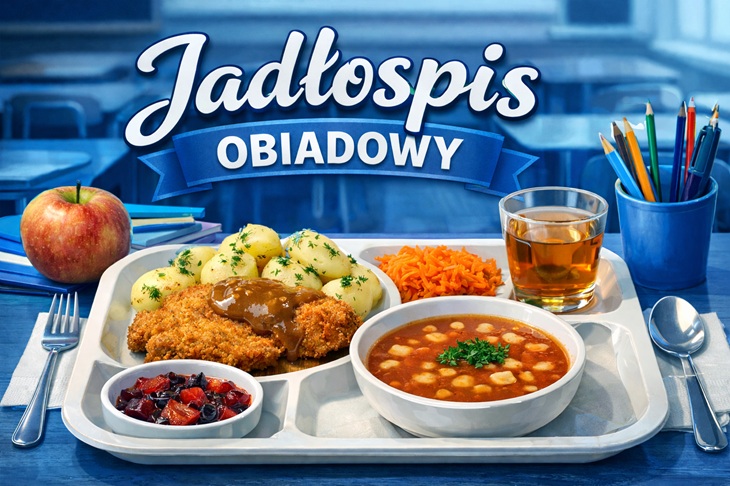 Na obrazku widać szkolny zestaw obiadowy na tacy: panierowany kotlet z ziemniakami i sosem, zupa (prawdopodobnie fasolowa), surówki, kompot oraz jabłko. W tle napis „Jadłospis obiadowy”.