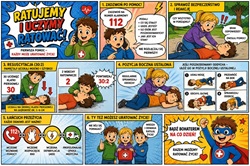 To kolorowa plansza edukacyjna dla dzieci o pierwszej pomocy. Pokazuje krok po kroku, jak reagować w sytuacji zagrożenia: zadzwonić pod numer 112, sprawdzić stan poszkodowanego, wykonać resuscytację (uciski i oddechy), ułożyć w pozycji bocznej oraz jak działa „łańcuch przeżycia”. Całość zachęca, by pomagać i uczyć się ratowania życia.