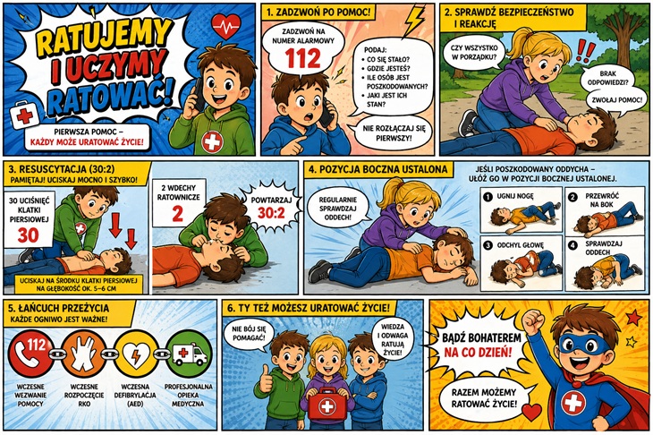 To kolorowa plansza edukacyjna dla dzieci o pierwszej pomocy. Pokazuje krok po kroku, jak reagować w sytuacji zagrożenia: zadzwonić pod numer 112, sprawdzić stan poszkodowanego, wykonać resuscytację (uciski i oddechy), ułożyć w pozycji bocznej oraz jak działa „łańcuch przeżycia”. Całość zachęca, by pomagać i uczyć się ratowania życia.