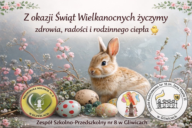 Kartka wielkanocna z zajączkiem otoczonym pisankami i wiosennymi kwiatami. Na grafice znajdują się życzenia zdrowia, radości i rodzinnego ciepła z okazji Świąt Wielkanocnych oraz podpis szkoły z Gliwic.