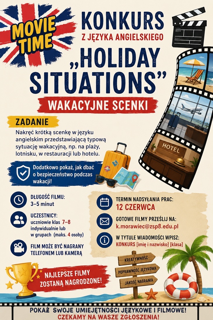 Plakat promuje konkurs z języka angielskiego „Holiday Situations – Wakacyjne Scenki”. Utrzymany jest w wakacyjno-filmowej stylistyce, z dominującymi kolorami granatu, czerwieni i beżu. Na górze znajduje się duży napis informujący o konkursie oraz grafika z brytyjską flagą i napisem „Movie Time”.  Centralną część plakatu zajmuje tytuł konkursu oraz informacje o zadaniu – nagraniu krótkiej scenki w języku angielskim związanej z sytuacjami wakacyjnymi, np. na plaży, lotnisku czy w hotelu. Obok umieszczono taśmę filmową ze zdjęciami wakacyjnych miejsc i podróży.  Na plakacie znajdują się także informacje organizacyjne: czas trwania filmu, termin nadsyłania prac, adres e-mail do wysyłki oraz zasady uczestnictwa. Dodatkowo wykorzystano wakacyjne elementy graficzne, takie jak walizka, palma, koło ratunkowe czy puchar, które podkreślają letni charakter wydarzenia.   Całość jest przejrzysta, kolorowa i zachęca uczniów do udziału w konkursie.