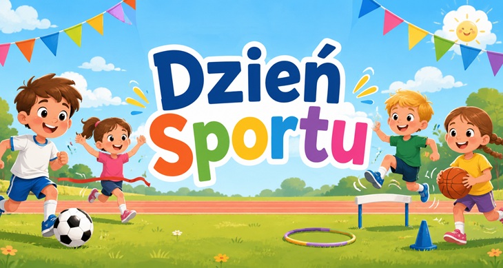 Na obrazie znajduje się kolorowy, radosny baner promujący „Dzień Sportu” dla młodszych dzieci. W centralnej części widnieje duży napis „Dzień Sportu” w wesołych, wielobarwnych literach. Tło przedstawia słoneczny dzień na szkolnym boisku lub stadionie lekkoatletycznym.  Wokół napisu bawią się i uprawiają sport uśmiechnięte dzieci — jedno gra w piłkę nożną, inne biegnie do mety z czerwoną wstążką, kolejne skacze przez przeszkodę, a dziewczynka trzyma piłkę do koszykówki. Na górze rozwieszone są kolorowe chorągiewki, a w rogu świeci uśmiechnięte słoneczko.  Całość utrzymana jest w pogodnym, bajkowym stylu z jasnymi kolorami i przyjazną atmosferą, idealną na stronę internetową szkoły podstawowej lub wydarzenie sportowe dla dzieci.