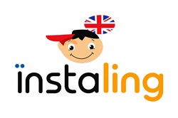 Na obrazku widać logo z napisem „instaling”. Nad literami znajduje się rysunkowa postać chłopca w czerwonej czapce z flagą Wielkiej Brytanii, co sugeruje naukę języka angielskiego. Styl jest prosty i przyjazny, skierowany raczej do uczniów.