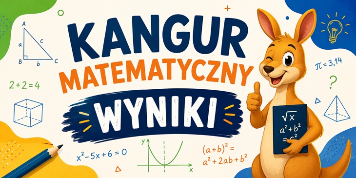 Kolorowy plakat promujący wyniki konkursu „Kangur Matematyczny”. Na środku znajduje się duży, wyraźny napis, a obok uśmiechnięty kangur trzymający tabliczkę z wzorami matematycznymi. Tło ozdobione jest rysunkami figur geometrycznych, działań i wykresów, co nadaje całości nowoczesny i przyjazny uczniom charakter.