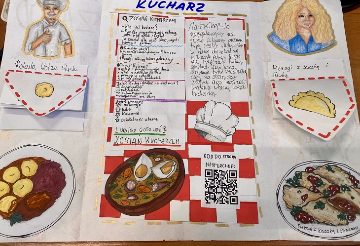 Na zdjęciu widać pracę plastyczną przygotowaną na Dzień Zawodu. Tematem projektu jest zawód kucharza. Na plakacie znajdują się informacje o pracy kucharza, jego cechach oraz możliwościach rozwoju. Umieszczono także kod QR do programu „MasterChef”. Całość ozdobiono rysunkami potraw i portretami kucharzy.