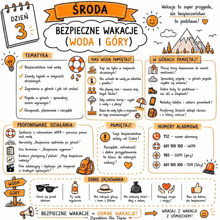 Grafika przedstawia trzeci dzień Tygodnia Bezpieczeństwa pod hasłem „Bezpieczne wakacje – woda i góry”. Plakat przypomina o zasadach bezpiecznego wypoczynku nad wodą i w górach, zwraca uwagę na właściwe przygotowanie do wycieczek, ostrożność podczas kąpieli oraz znajomość numerów alarmowych. Podkreśla znaczenie odpowiedzialnego zachowania, troski o własne bezpieczeństwo i pomoc innym podczas wakacyjnego wypoczynku.