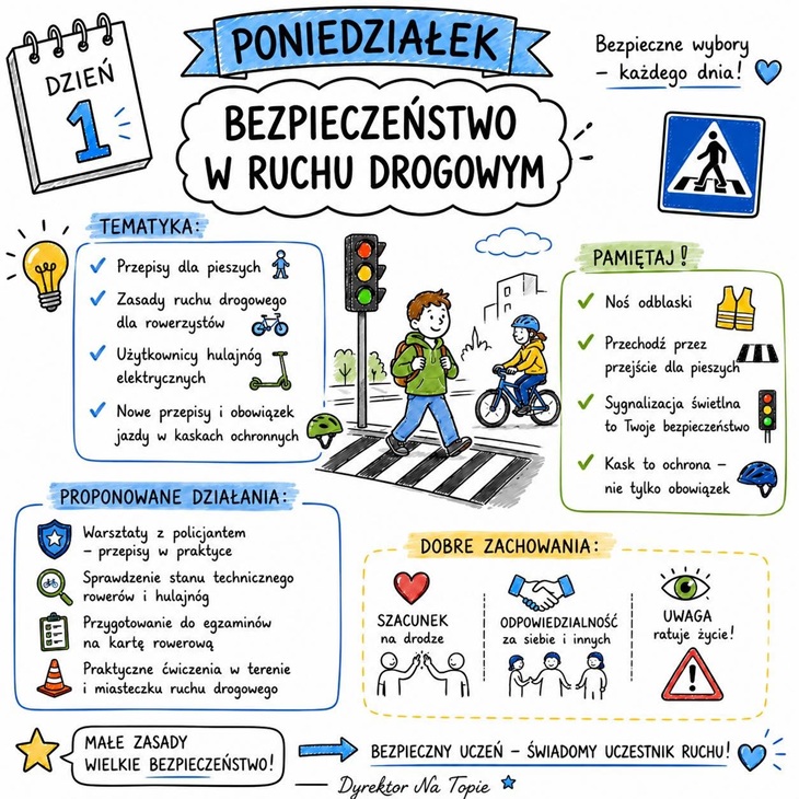 Grafika przedstawia pierwszy dzień Tygodnia Bezpieczeństwa pod hasłem „Bezpieczeństwo w ruchu drogowym”. Zawiera informacje dotyczące zasad ruchu drogowego dla pieszych, rowerzystów i użytkowników hulajnóg elektrycznych. Przypomina o konieczności noszenia odblasków, korzystania z kasku oraz przestrzegania sygnalizacji świetlnej. Podkreśla znaczenie szacunku, odpowiedzialności i ostrożności na drodze.