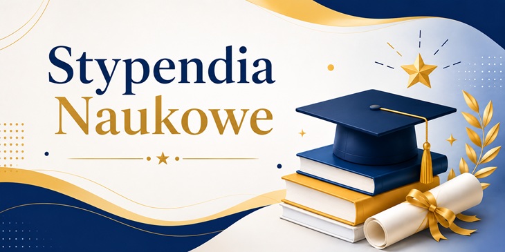 Baner przedstawia elegancką, nowoczesną kompozycję nawiązującą do osiągnięć naukowych i edukacji. Tło utrzymane jest w jasnych odcieniach bieli z delikatnymi, falistymi akcentami w kolorach granatu i złota, co nadaje całości profesjonalny i prestiżowy charakter.  Po lewej stronie umieszczono duży, wyraźny napis „Stypendia Naukowe”. Słowo „Stypendia” zostało zaprezentowane w granatowym kolorze, natomiast „Naukowe” wyróżnia się eleganckim złotym odcieniem. Pod tytułem znajduje się subtelny ozdobny element z liniami i złotą gwiazdą, podkreślający reprezentacyjny charakter grafiki.  Po prawej stronie znajduje się ilustracja symbolizująca sukces edukacyjny – granatowy biret spoczywający na stosie książek oraz zwinięty dyplom przewiązany złotą wstążką. Kompozycję uzupełniają złota gwiazda, dekoracyjne liście oraz drobne geometryczne elementy, które dodają lekkości i nowoczesności.