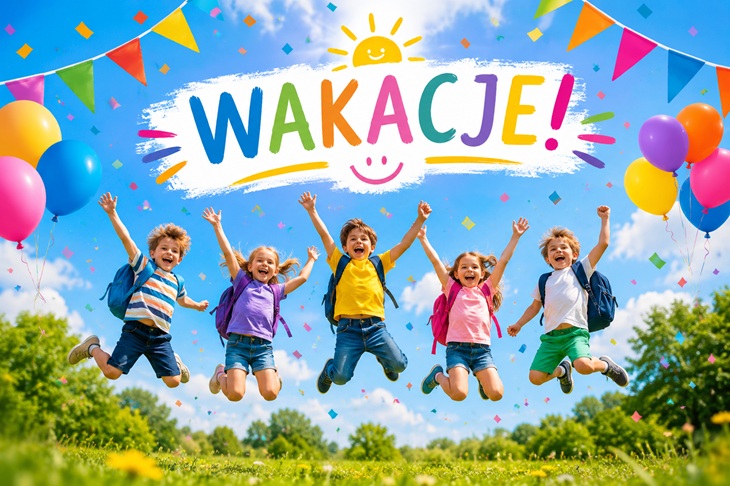 Na zdjęciu widać grupę pięciorga radosnych dzieci skaczących w powietrzu na zielonej łące w słoneczny dzień. Dzieci mają na plecach kolorowe plecaki, co sugeruje zakończenie roku szkolnego lub początek wakacji. Nad nimi znajduje się duży, kolorowy napis „WAKACJE!”, otoczony dekoracjami, takimi jak balony, girlandy i konfetti. W tle widać błękitne niebo z lekkimi chmurami oraz drzewa i kwiaty, które podkreślają letnią, beztroską atmosferę.  Zdjęcie emanuje radością, energią i poczuciem wolności, kojarząc się z rozpoczęciem letniego wypoczynku oraz czasem zabawy i przygód.