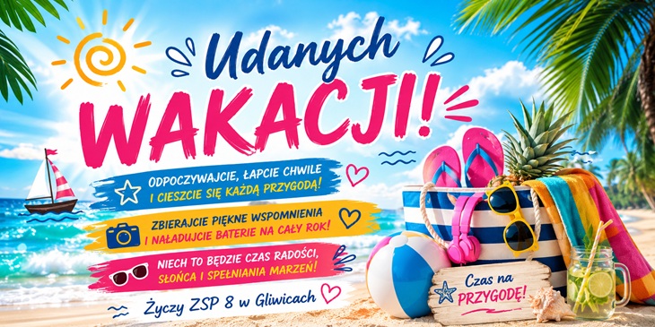 Na plakacie przedstawiono energetyczną, letnią kompozycję utrzymaną w tropikalnym klimacie. Tłem jest słoneczna plaża z turkusowym morzem, błękitnym niebem i palmami, które tworzą atmosferę wakacyjnego relaksu.  W centralnej części dominuje duży, wyrazisty napis „Udanych WAKACJI!”. Słowo „Udanych” zapisano granatowym, odręcznym krojem pisma, natomiast „WAKACJI!” wyróżnia się intensywnym różowym kolorem i dynamiczną typografią, przyciągając wzrok.  Pod głównym hasłem znajdują się krótkie wakacyjne życzenia umieszczone na kolorowych pędzlach:  „Odpoczywajcie, łapcie chwile i cieszcie się każdą przygodą!” „Zbierajcie piękne wspomnienia i naładujcie baterie na cały rok!” „Niech to będzie czas radości, słońca i spełniania marzeń!”  Na dole plakatu umieszczono podpis: „Życzy ZSP 8 w Gliwicach”, dzięki czemu grafika ma charakter oficjalnych życzeń od szkoły.