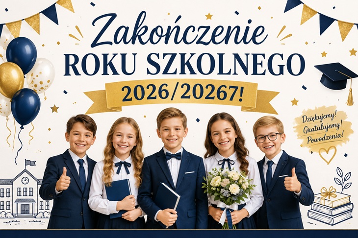 Na obrazie znajduje się uroczysty baner z okazji zakończenia roku szkolnego w szkole podstawowej.  Główne elementy:  Duży napis: „Zakończenie Roku Szkolnego 2026/20267!” umieszczony centralnie na jasnym tle. Pięcioro elegancko ubranych uczniów stoi na pierwszym planie. Chłopcy mają granatowe garnitury i krawaty lub muszki, a dziewczynki białe bluzki z granatowymi dodatkami. Jedna z uczennic trzyma bukiet białych kwiatów, a pozostali uczniowie książki lub zeszyty. Dwoje chłopców pokazuje gest uniesionego kciuka, podkreślając radosny charakter wydarzenia. W tle znajdują się dekoracje: granatowo-złote balony, girlandy, konfetti i gwiazdki. Po lewej stronie widoczny jest rysunek budynku szkoły, a po prawej stos książek przewiązanych wstążką. W prawym dolnym rogu znajduje się odręczny napis: „Dziękujemy! Gratulujemy! Powodzenia!”