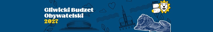 To poziomy, niewielki baner promujący Gliwicki Budżet Obywatelski 2022.  Kolorystyka: dominują odcienie granatowego i niebieskiego, z białymi oraz żółtymi akcentami. Lewa część: znajduje się napis „Gliwicki Budżet Obywatelski 2022” w białej, wyraźnej typografii. Tło: przedstawia stylizowaną panoramę Gliwic – widoczne są charakterystyczne elementy miejskiej architektury, m.in. wieża radiostacji oraz zabudowa miasta. Prawa część: umieszczono herb/logo Gliwic oraz dodatkowe ilustracyjne elementy związane z miastem. Charakter: baner ma oficjalny, miejski charakter i jest utrzymany w nowoczesnej, prostej stylistyce informacyjno-promocyjnej.