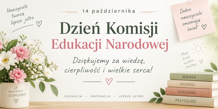 Baner ma elegancki, jasny i ciepły charakter, utrzymany w pastelowej kolorystyce — kremowej, zielonej i pudroworóżowej. Centralnie znajduje się duży napis: „Dzień Komisji Edukacji Narodowej”, a nad nim data „14 października”. Pod głównym hasłem widnieją podziękowania: „Dziękujemy za wiedzę, cierpliwość i wielkie serca!” Po lewej stronie umieszczono delikatną kompozycję kwiatową z różowymi kwiatami, stokrotkami i zielonymi liśćmi. W lewym górnym rogu znajduje się napis „Nauczyciele tworzą lepsze jutro” z serduszkiem.