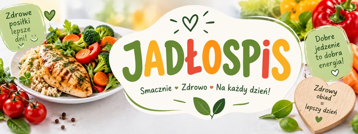 To jasny, kolorowy baner do zakładki „Jadłospis”, łączący apetyczną fotografię zdrowego obiadu z lekką, przyjazną grafiką.  Główny napis: „JADŁOSPIS” — duże, wielokolorowe litery w centrum banera. Zdrowy obiad: po lewej stronie znajduje się talerz z grillowanym kurczakiem, kaszą oraz dużą ilością warzyw: brokułami, marchewką, pomidorami i zieleniną. Kolorystyka: dominuje jasne tło w odcieniach bieli, kremu, zieleni, żółci i pomarańczu, dzięki czemu baner wygląda świeżo i pogodnie. Dekoracje: liście, serduszka, odręczne strzałki i pastelowe plakietki nadają projektowi przyjazny, nowoczesny charakter. Dodatkowe hasła: m.in. „Smacznie • Zdrowo • Na każdy dzień!”, „Świeże składniki”, „Pełnowartościowe posiłki” oraz „Zdrowie i energia na co dzień”. Przekaz: baner ma kojarzyć jadłospis ze zdrowym odżywianiem, świeżymi produktami, energią i smacznymi, pełnowartościowymi posiłkami.