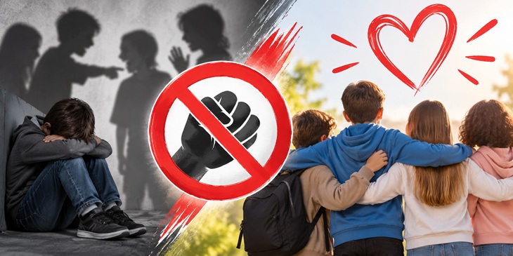 To baner o przeciwdziałaniu przemocy rówieśniczej, przedstawiający wyraźny kontrast między przemocą a wzajemnym wsparciem.  Lewa strona – samotne dziecko siedzi ze spuszczoną głową, a w tle widoczne są sylwetki rówieśników zachowujących się agresywnie. Obraz utrzymany jest w ciemnej, szarej tonacji. Środek – znajduje się duży czerwony znak zakazu na tle zaciśniętej pięści, symbolizujący zdecydowany sprzeciw wobec przemocy. Prawa strona – grupa młodych osób stoi razem, obejmując się ramionami. Jasne światło i ciepłe barwy symbolizują przyjaźń, akceptację, bezpieczeństwo i wzajemną pomoc. Czerwone serce w górnej części podkreśla znaczenie empatii i troski o drugiego człowieka. Całość ma charakter edukacyjnego plakatu społecznego, który pokazuje, że zamiast przemocy warto wybierać wsparcie i solidarność.